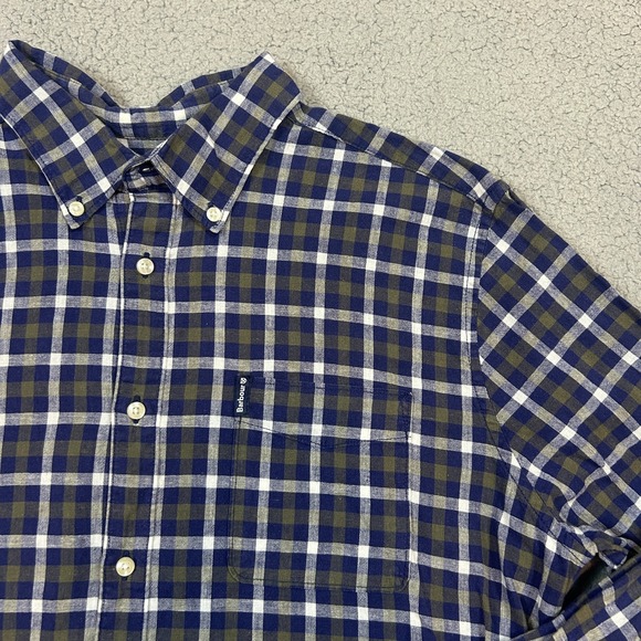 Barbour Plaid Button Up Shirt Mens Medium Blue Linen Blend Long Sleeve Casual - Picture 2 of 8